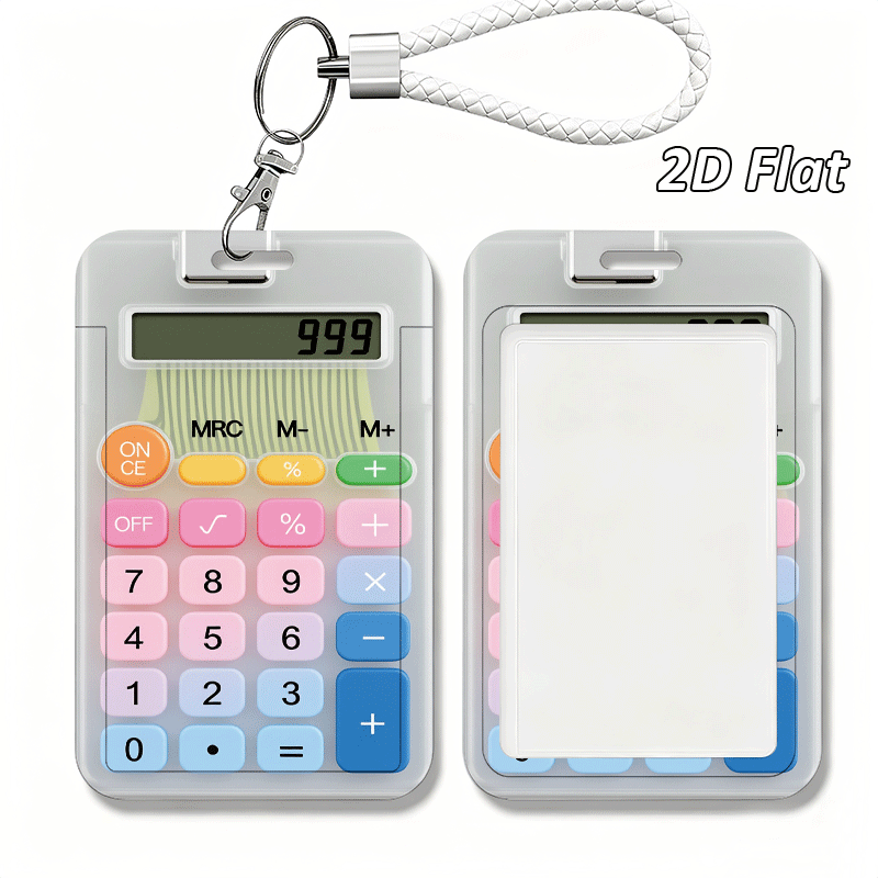 TEMU 2d Flat Calculator Display Screen Button Print Pattern Holder Set With Lanyard Keychain, Durable Plastic Card Holder. Suitable For Various Id