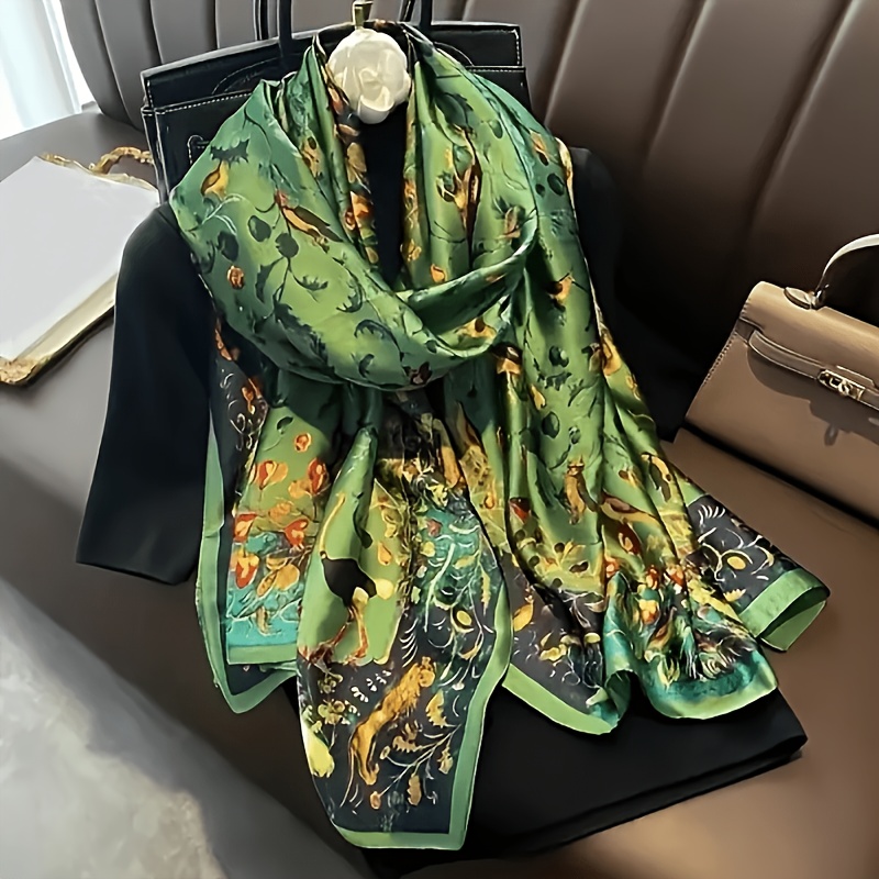 TEMU Long Forest Scarf With Vibrant Bird And Floral Print, Lightweight And Elegant For Outdoor Activities, Daily Commuting, Dates, And Gifting