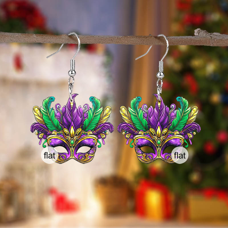 

A Set Of Acrylic Earrings Featuring A Carnival , Showcasing Vibrant 2d Pendants In Purple, Golden, And Green. Stylish Accessories Are Ideal For Carnival , , And Make Great Birthday Or For .