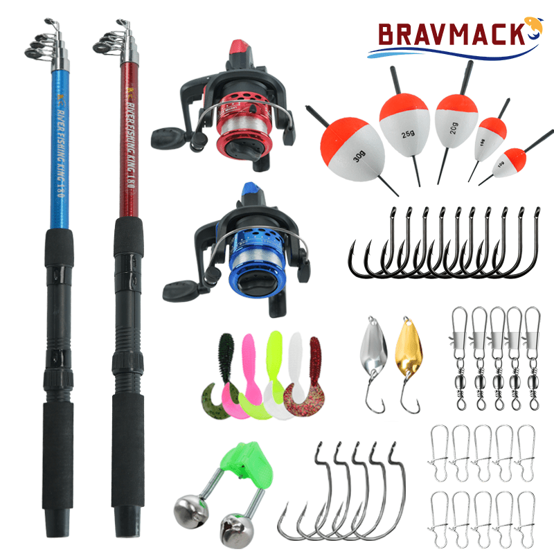 TEMU Bravmack Telescopic Fishing Rod And Spinning Reel Combo Set, 2 Rods And 2 Reels, Complete Beginner Fishing Gear Kit With Lures, Hooks, Floats,