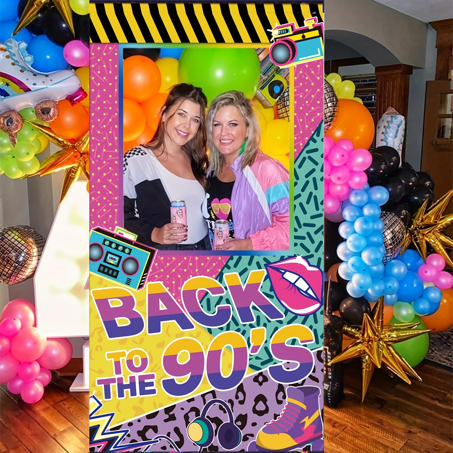 TEMU Photography Backdrop 2d Flat Retro Photo Booth Banner And Frame 1970s 80s 90s - Vintage Suitable For 70s 80s 90s Themed Parties, Birthday