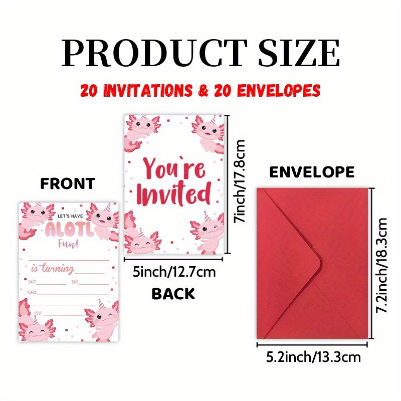 TEMU Invitations Letter 20 Cards And 20 Envelopes, Cartoon Pink Axolotl Party - Milestone Birthday Party Cards, Congrats Invites Friend Reunion