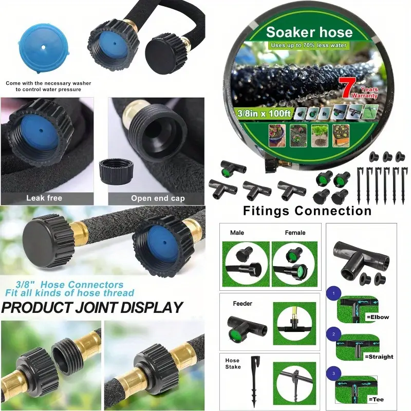 heavy duty 3 x 100ft soaker hose kit with reinforced fittings durable rubber irrigation hose for garden flower beds lawn plants accessories for garden hose lawn care equipment userfriendly design connectors Product details 0