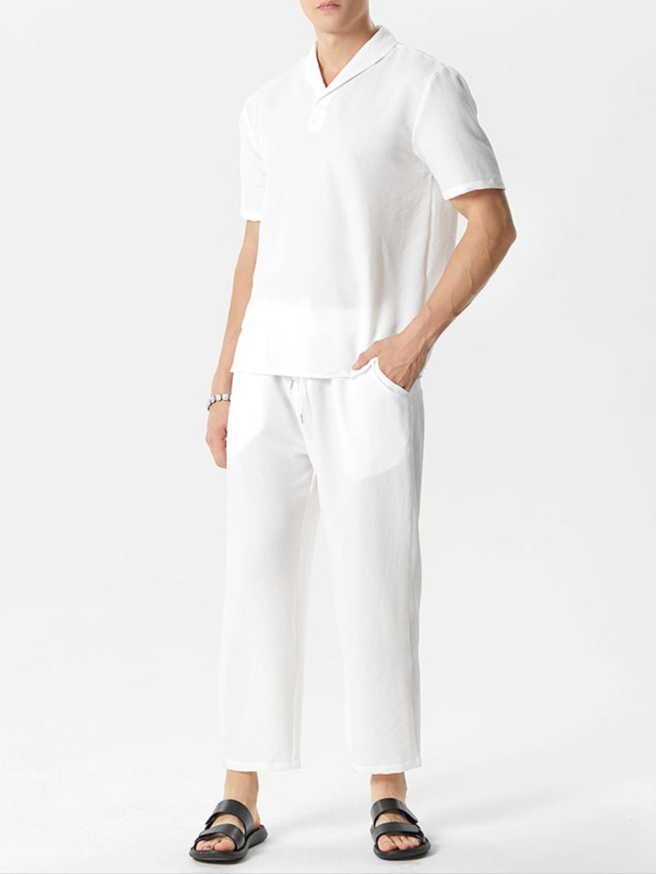 herenset met casual zeekrager kraag 2- : korte mouwen overhemd & broek met trekkoord - lichtgewicht, ademend polyester voor zomerse uitjes, vrijetijdsstijl, vrijetijdsgelegenheid, losse versie, xia 3