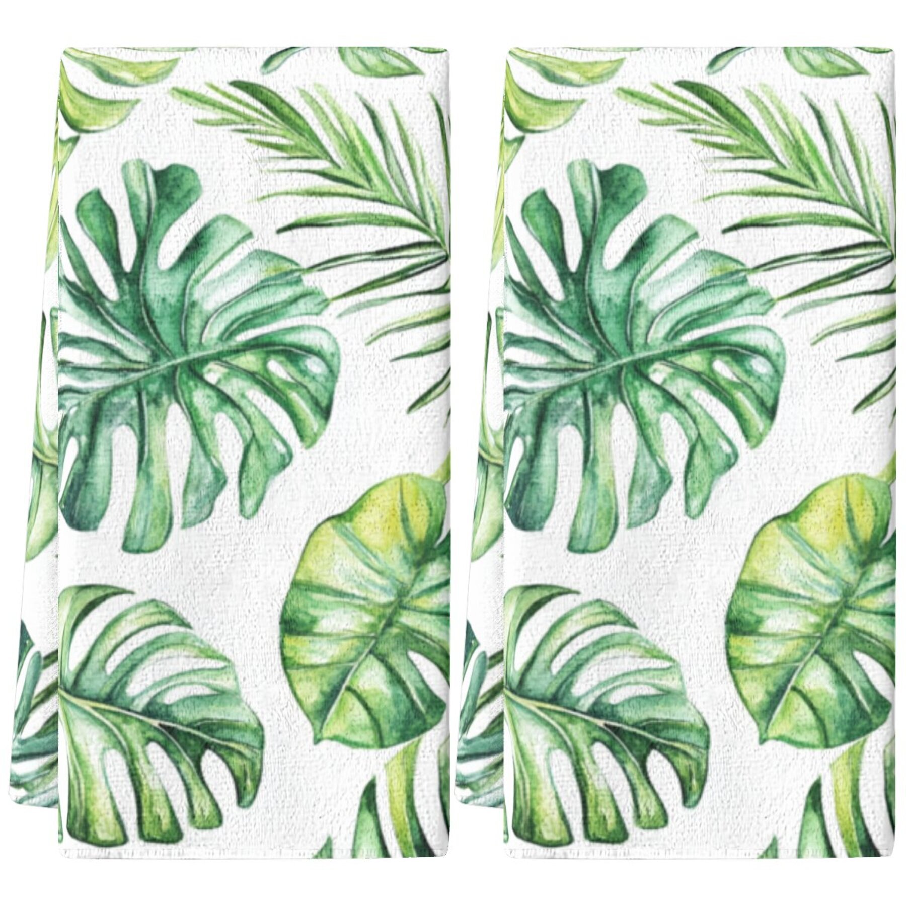 2pcs cleaning cloths, dish towels featuring tropical plants, palm leaves, and monstera patterns, suitable for kitchen decor, holiday decorations, table settings, kitchen supplies, home decor, and as gifts for   or bathrooms. details 0