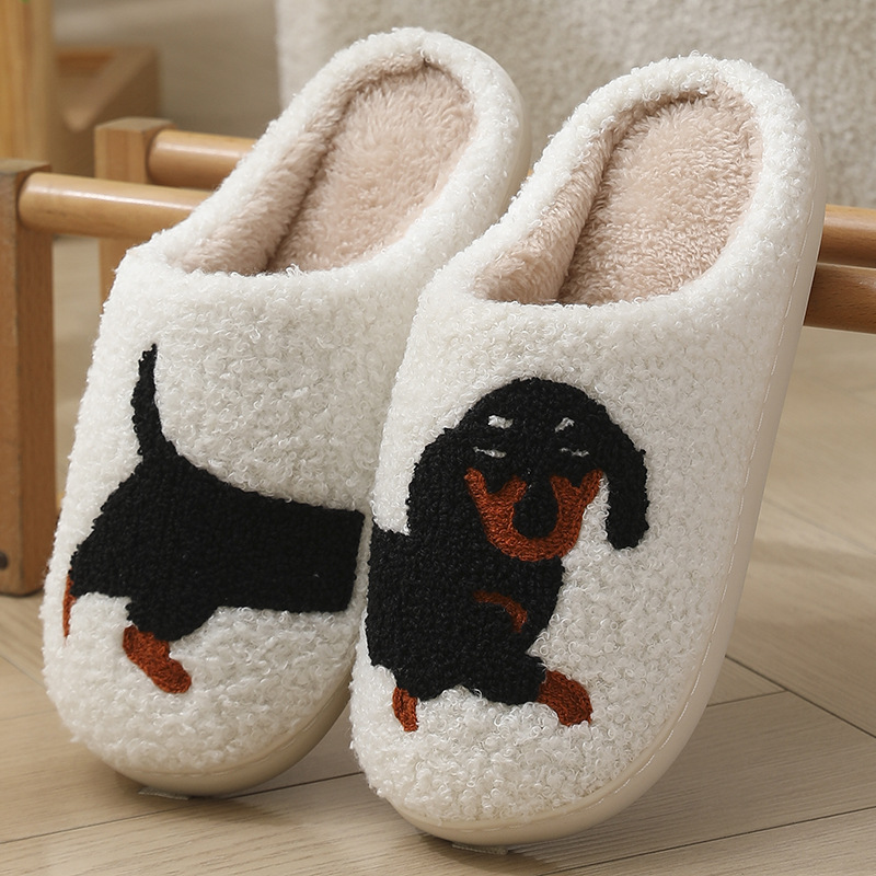Image of Women' White Curly Teddy Fleece Mule Slippers Cute Dachshund Dog Pattern Thick Soft Plush Lined Flat Sole Warm Autumn Winter Indoor Bedroom Cartoon Animal Casual House Footwear, Women Shoes