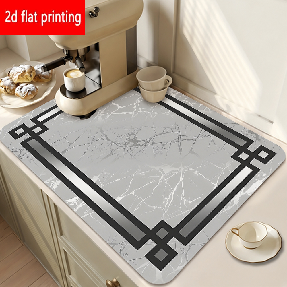 TEMU 2d Flat Printing, 1pc, Marble Pattern Printed Absorbent Placemat, Placemat With Grayish- Texture Background And Black Geometric Border, Suitable