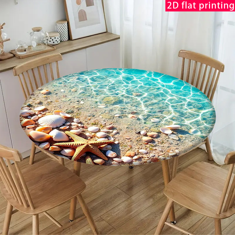 TEMU 2d Exquisite Beach Starfish Seashell & Sea Water Pattern Elastic Round Tablecloth, Indoor And Outdoor Picnics, Camping And Party Decorations, An