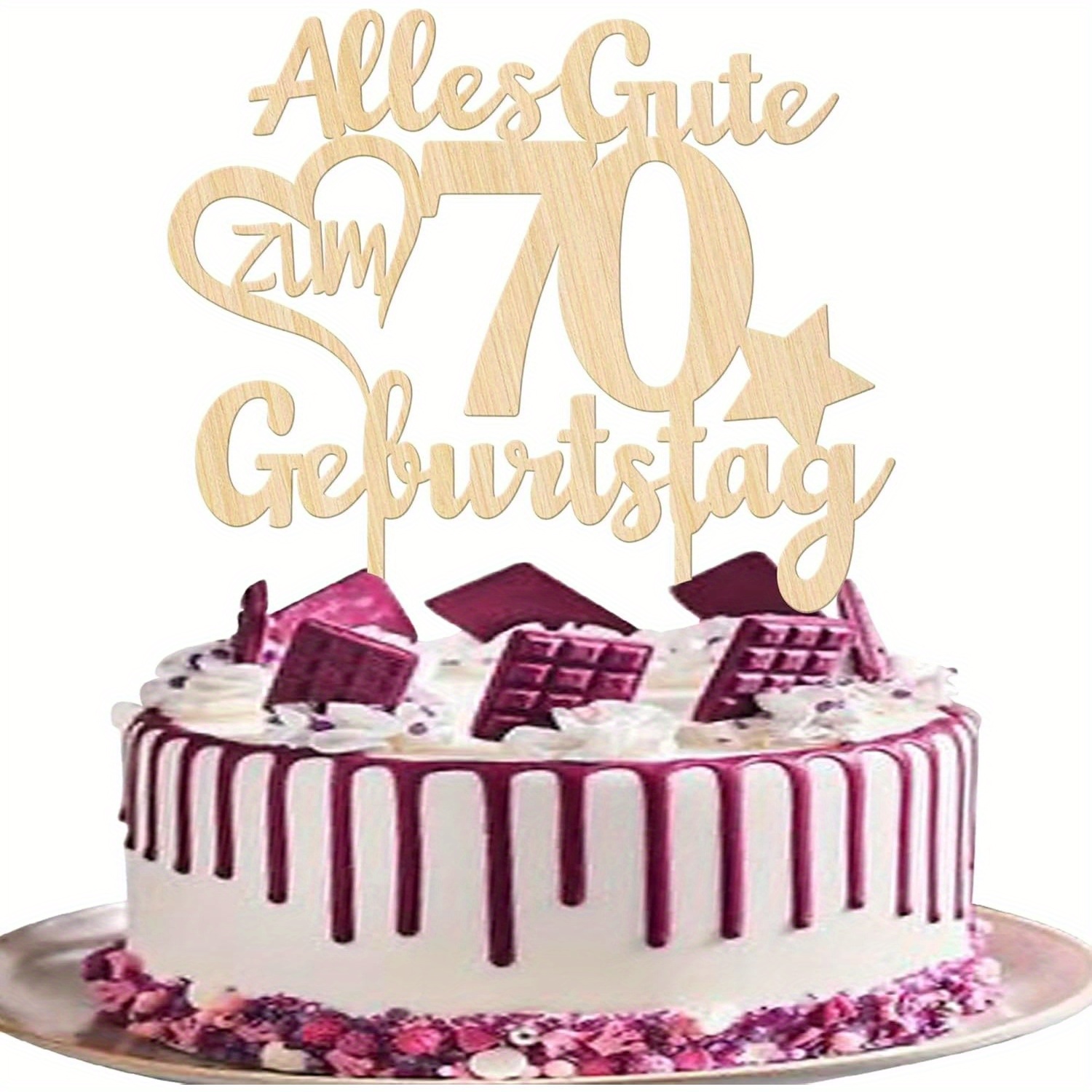 Image of 1pc Luxury Wooden Happy 70th Birthday Cake Topper - Young Celebration Decoration, Elegant 70th Anniversary Cake Decor, Premium Cake Decor For Milestone Anniversary Party Women Men, Birthday