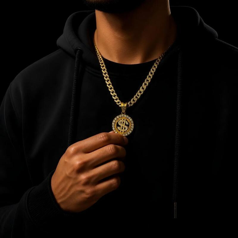 Rotating Pendant Necklace with USD Currency & Cuban Chain