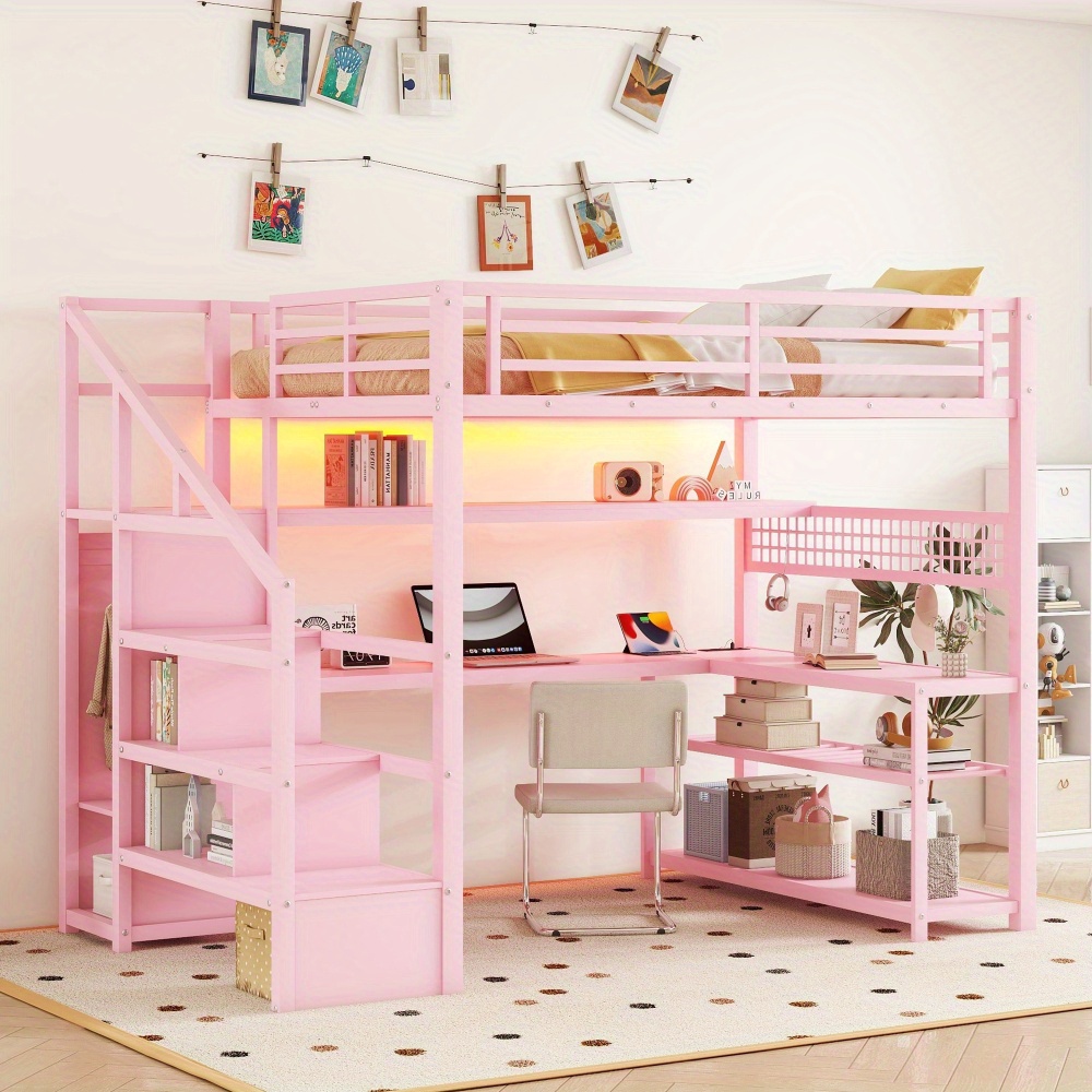Full Size Loft Bed with Staircase and Wardrobe, Metal Loft Bed with Desk, Storage Shelves, LED Lights and Charge Station, Pink