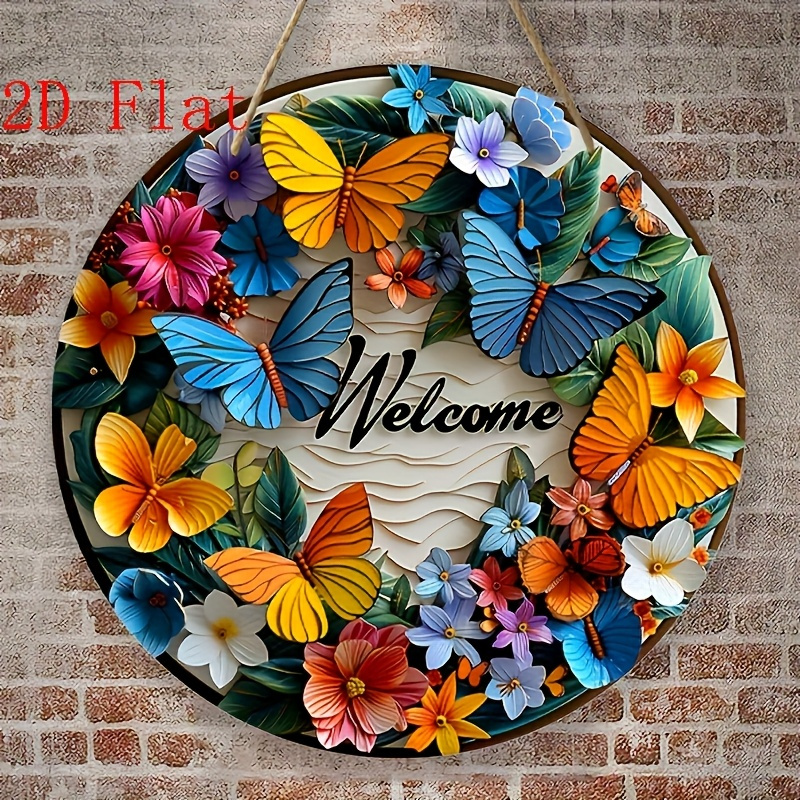 TEMU 2d Flat - A Gift Suitable For All , Featuring 2d Printed Designs With Vibrant Butterflies And Floral Patterns On A Round Wooden Welcome Sign - A