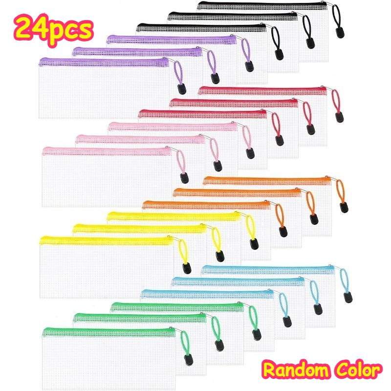 TEMU 24pcs Bulk Random Color A6 Grid Clear Plastic Zipper Bags, Small Portable Transparent Pencil Pouch, Multipurpose Organizer For Home Office