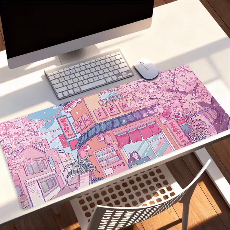 TEMU 1pc Large Gaming Desk Mat & Mouse Pad With Cute & Pink Cherry Design, Non-slip Rubber Base Suitable For Office Computer Desk, Study Table, Pc