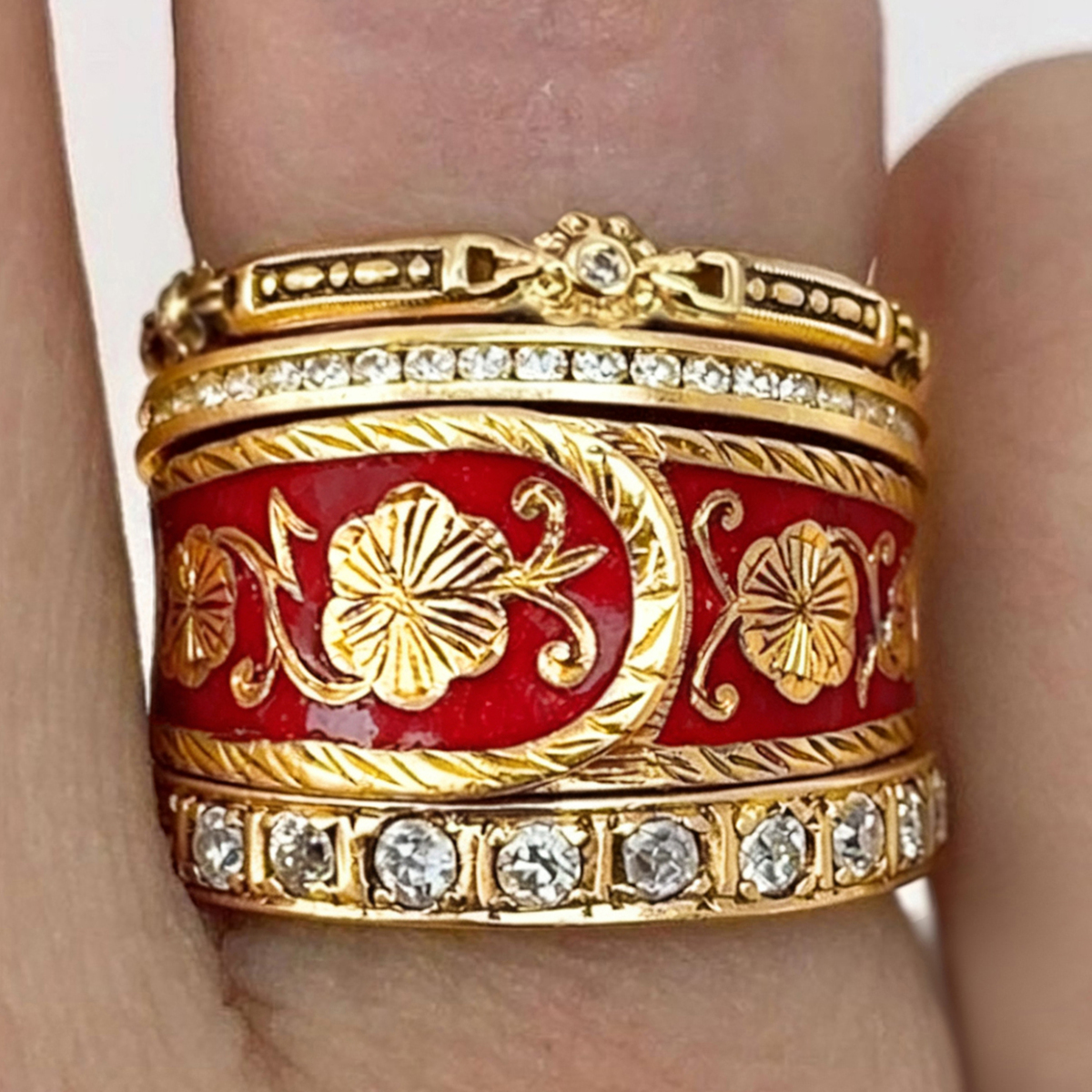 Women's Vintage Red Enamel Flower Wide Ring