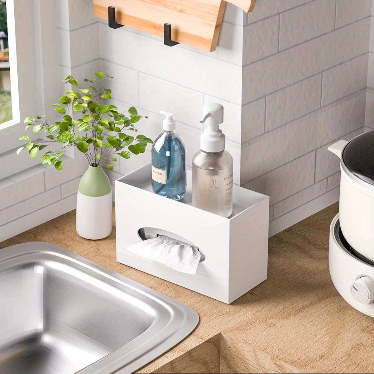 modern minimalist tissue box cover and dispenser with built in storage tray space saving organizer durable plastic construction for bathroom kitchen home office fits standard tissues 9 85x4 5x6 3 inches decorative countertop or under cabinet storage solution kitchen organizer   versatile organizer Product details 0