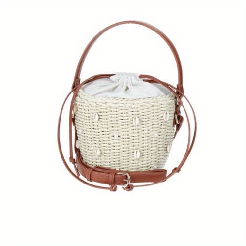womens embellished bucket bag white woven straw style with leather handles casual to formal purse for beach shopping daily use retro handbag beach carryall strawlike texture durable woven material metallic button details