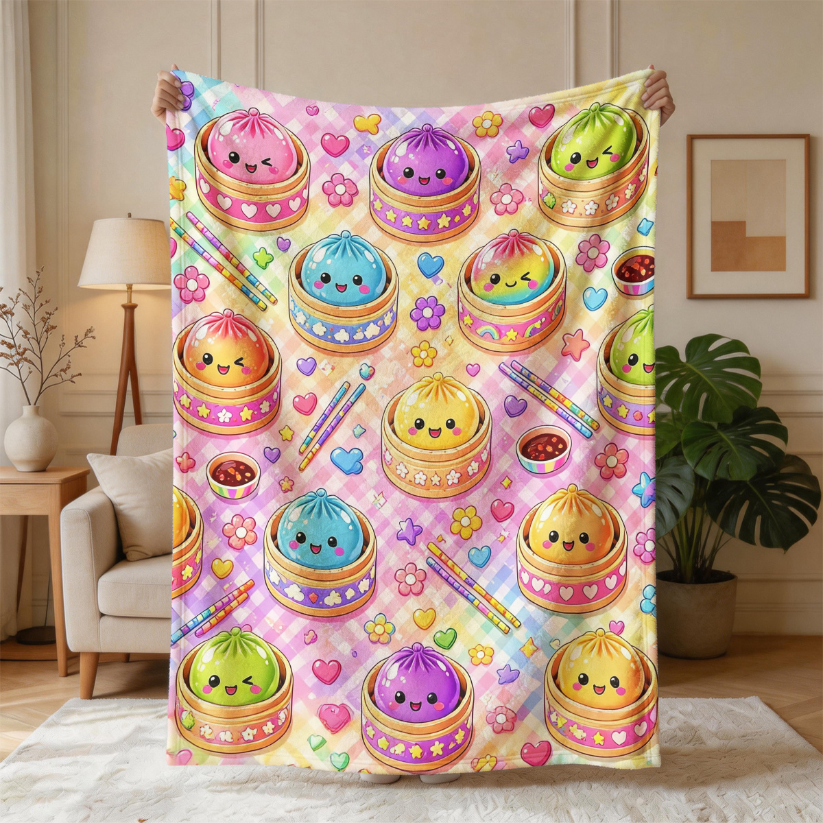 Macaron Checkered Cartoon Flannel Blanket