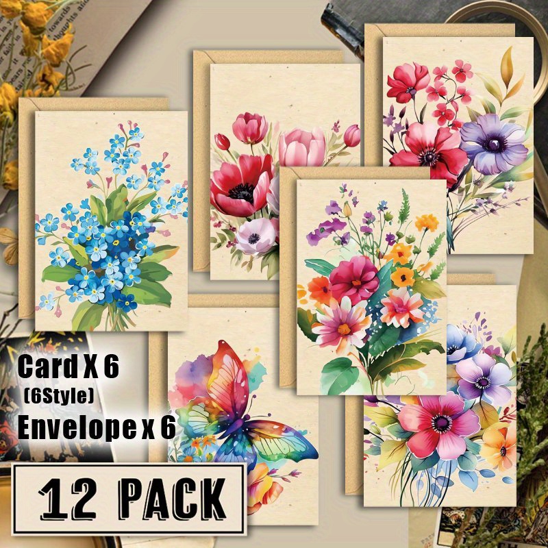 

12-pack Elegant Floral Blank Greeting Cards With Envelopes, Assorted Flower Designs, Paper Floor Mount, No Power Required, Ideal For