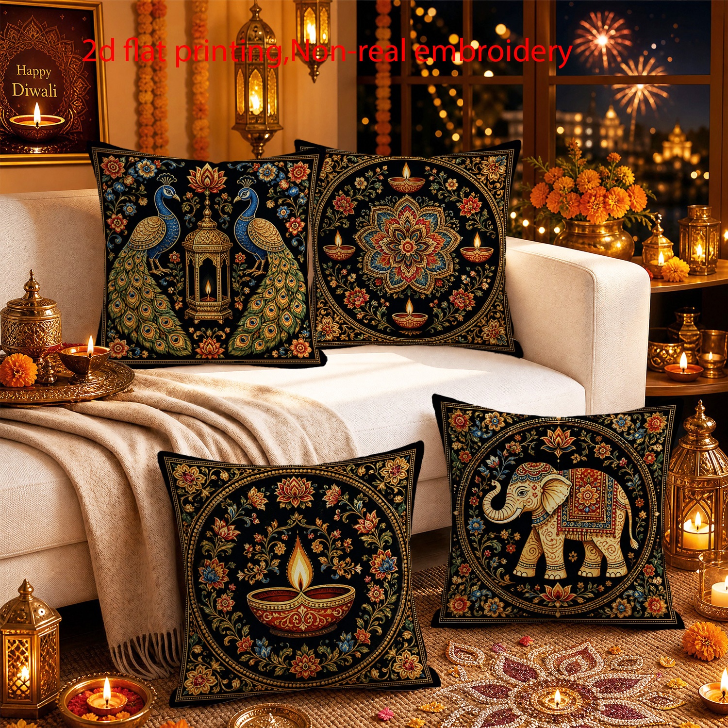 TEMU 4pcs, Peacock Elephant Diwali Pattern Printed Pillowcases, Exotic Ethnic Style Home Decor Cushion Covers, Gift For Family, , Zipper Closure,