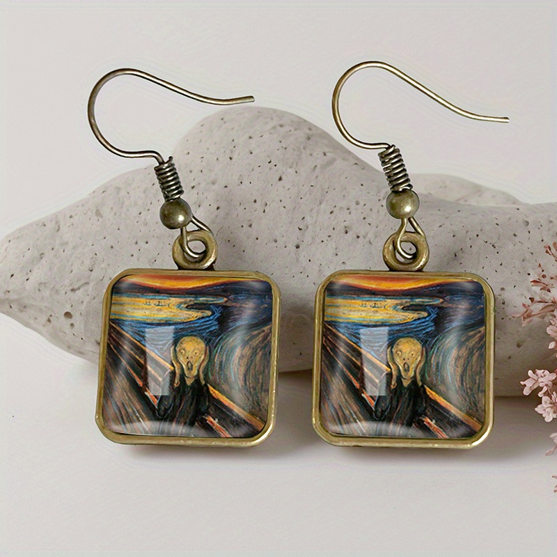 TEMU A Pair Of Vintage Square Earrings With A Shouting Oil Painting Design, Handcrafted Glass Drop Additions, Perfect As A Gift, Without Battery