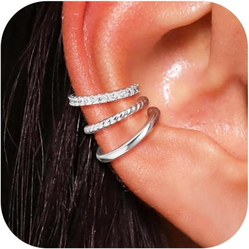 Image of Golden/silvery Ear Cuffs Earrings For Women Non Piercing - Clip On Cartilage Earrings Dainty Golden Plated Cubic Zirconia Huggie Hoop Earring For Women No Tarnish Trendy Jewelry Set