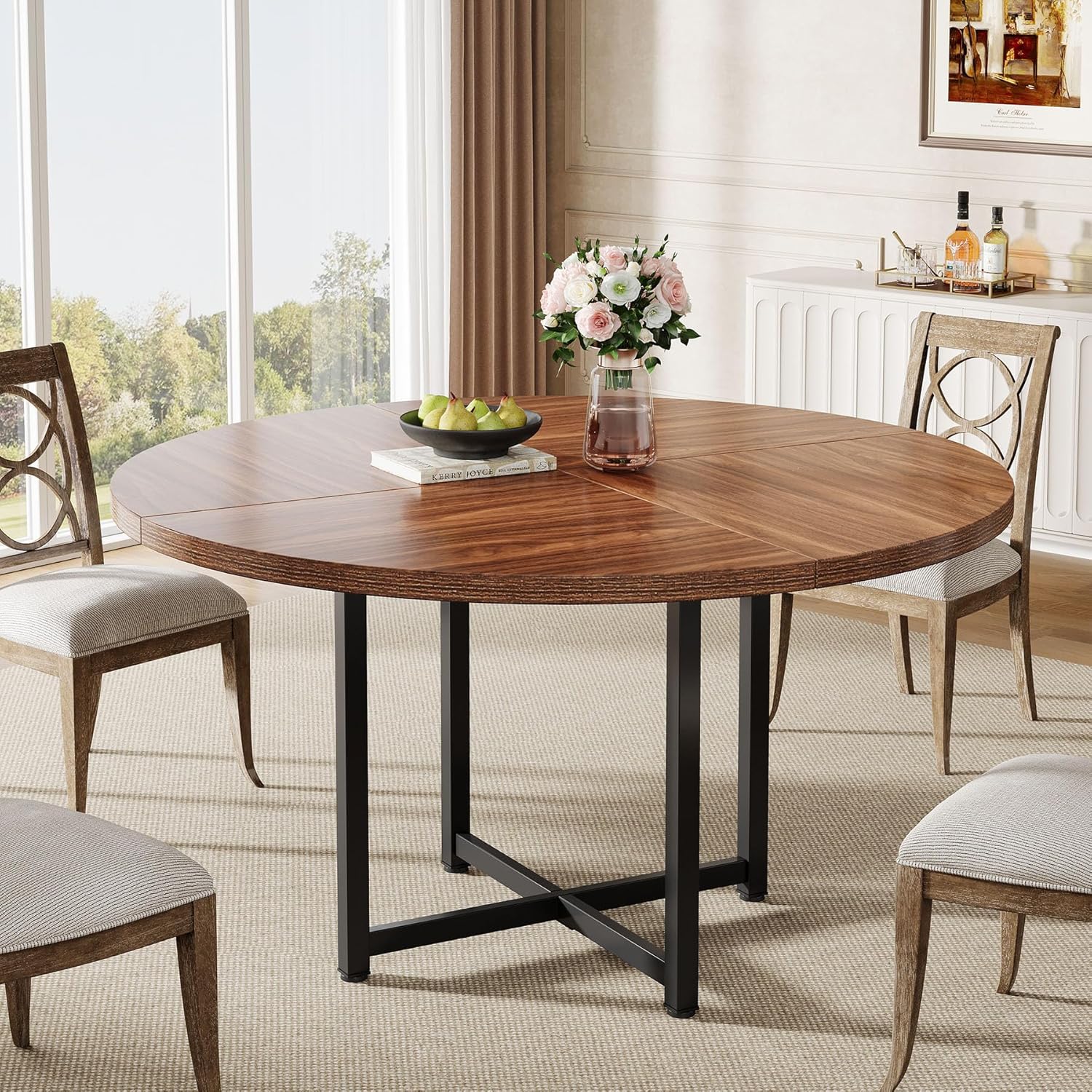 Round Dining Table For 4-6 People, 120cm Modern Rustic Brown Wood Table With Sturdy - & - - Kitchen Table Suitable For Dining Room, Small Spaces