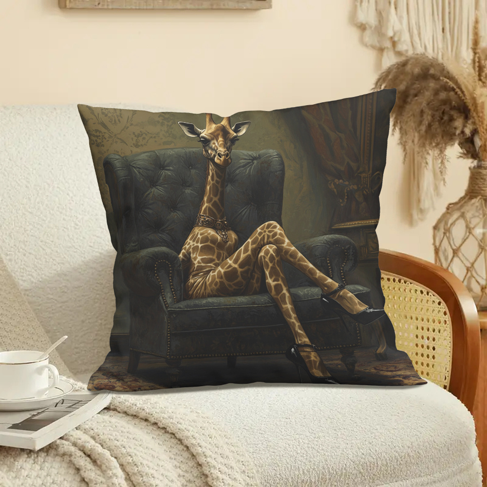 TEMU 1pc Giraffe Armchair Print Throw Pillow Cover - 45.72x45.72 Cm Soft Velvet Cushion With Zipper Closure, Whimsical Home Decor For Living Room,