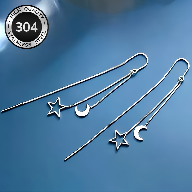 TEMU 304 Stainless Steel Long Tassel Dangle Earrings Moon Star Threader Earrings For Women Daily Casual Party Wear Elegant Minimalist Hypoallergenic