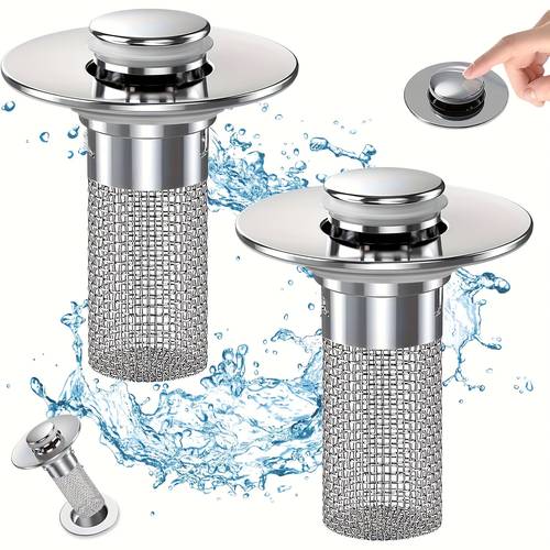 item picture 2 pack up drain stopper 304 stainless steel hair catcher anti clog drain filter removable basket universal fit for bathtub shower sink bathroom drain cover replacement easy clean no chemicals push and bounce