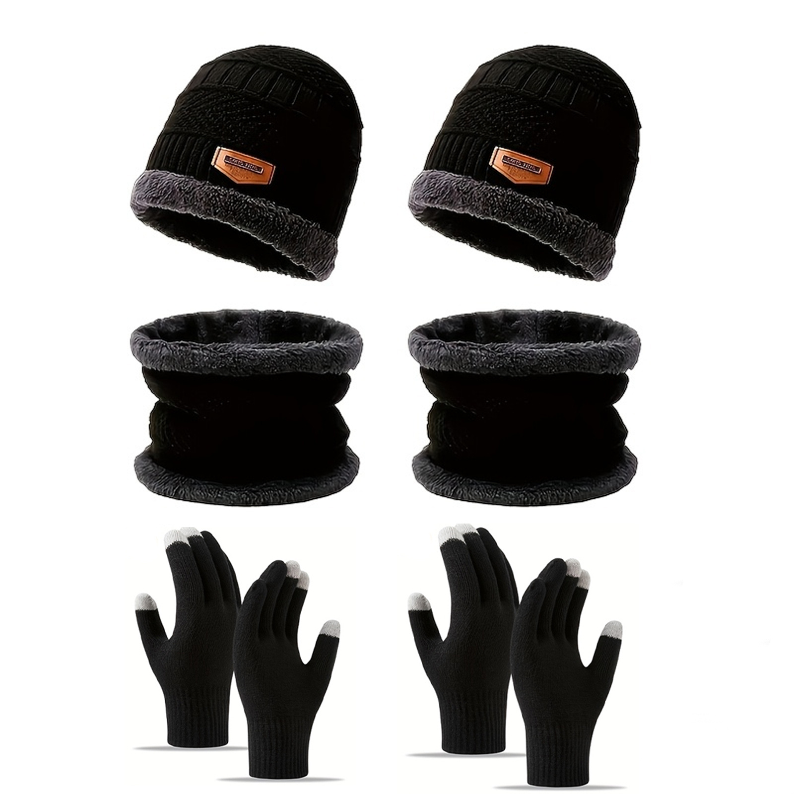 6pcs Winter-Lined Thick Hat, Neck Warmer, and Touchscreen Gloves Set