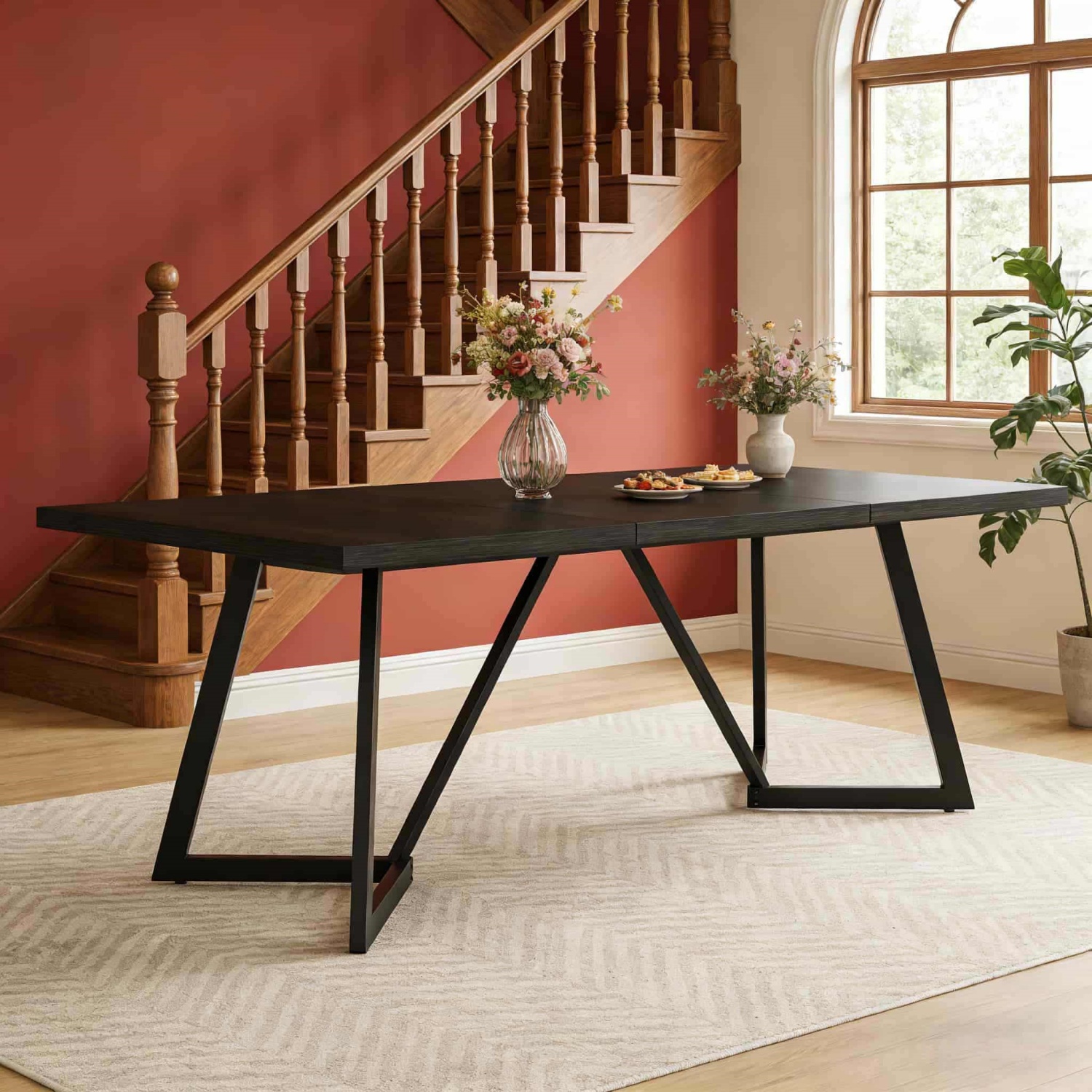 180cm Rectangular Large Dining Table For 4-6 People, Modern Metal Frame Dining Table, Suitable For Kitchen, Home And Dining Room