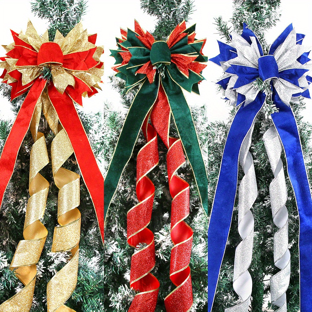 1pc festive fabric christmas tree topper large bow pendant no power needed battery free holiday decoration for xmas tree