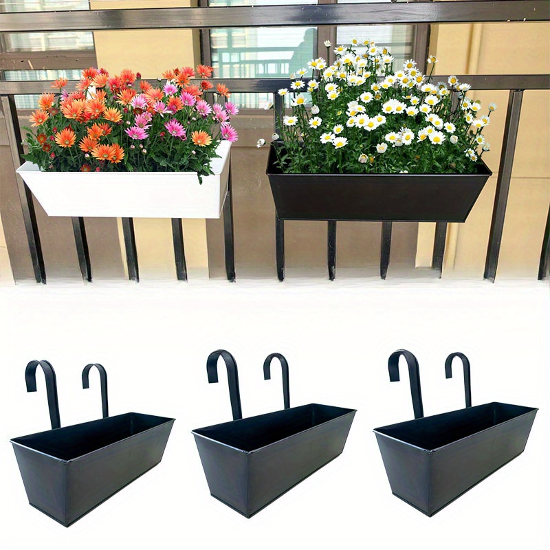 3Pcak Large Outdoor Plants Planter, Black Metal Iron Hanging Flower Pots -  Decks Railings Fence Buckets Modern Boho Wall Mount Window Box