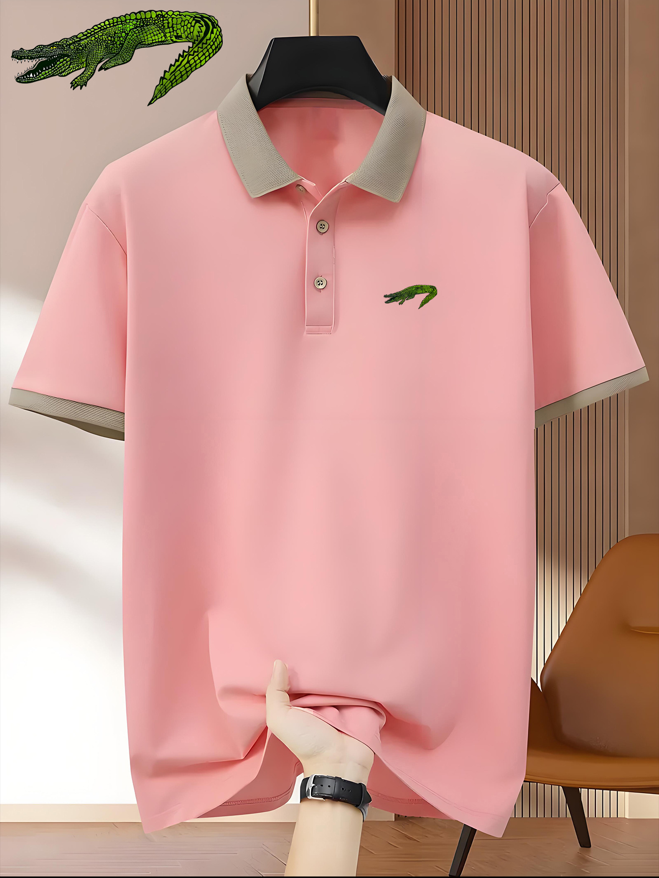Men'S Premium Business Casual Polo Shirt - Knit Polyester Fabric, Regular Fit, Short Sleeve, Lapel Collar, Slight Stretch, Geometric Pattern with Button Detail, Summer Style