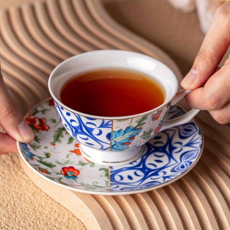 btat set of 6 vintage   floral porcelain tea cups & saucers - 8oz elegant   bone china-style cups with dishwasher safe design, microwave & freezer safe, stackable for space-saving storage - ideal for tea, coffee, home or gifting, coffee drinks,  , durable saucers,    , drinkware set, coffee enthusiasts, gift   Product details 6
