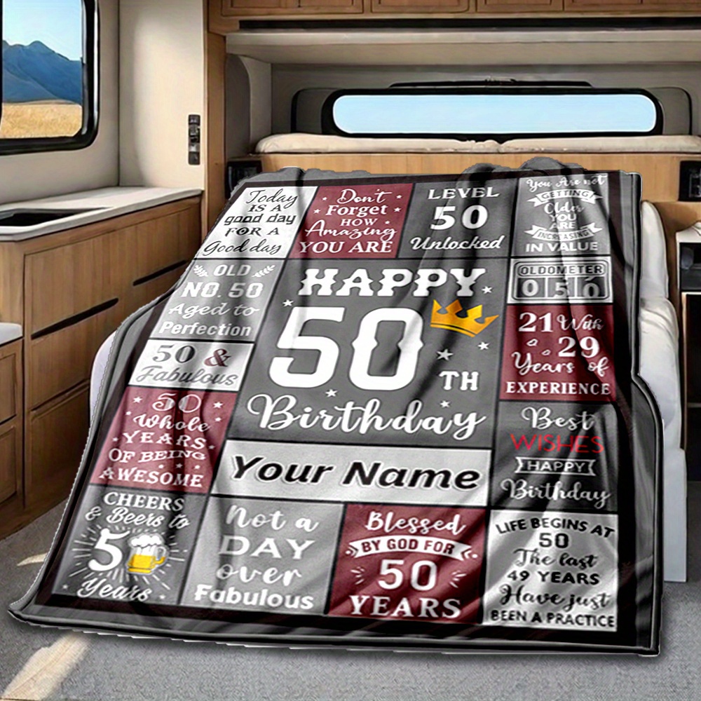 1pc personalized 50th birthday rv blanket custom name soft fleece throw with funny age 50 quotes     cozy blanket for rv camping   ideal gift for 50th birthday celebration personalized blanket celebratory   accessory durable material  
