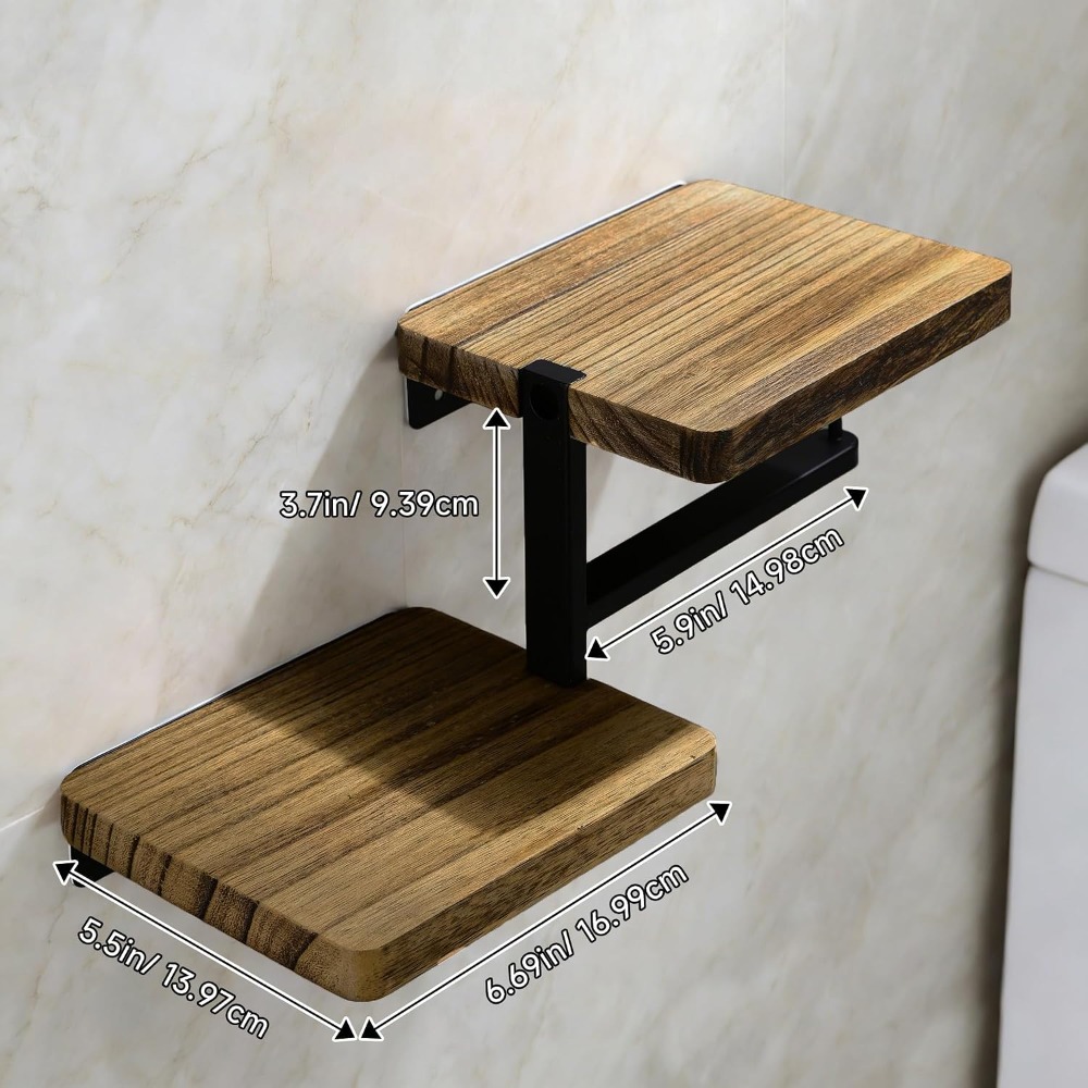 Image of Self-adhesive Bathroom Tissue Holder; Wooden Toilet Paper Holder Featuring A Storage Shelf And Phone Holder; Wall-mounted Roll Holder Suitable For Bathrooms; Rustic Country-style Decor.
