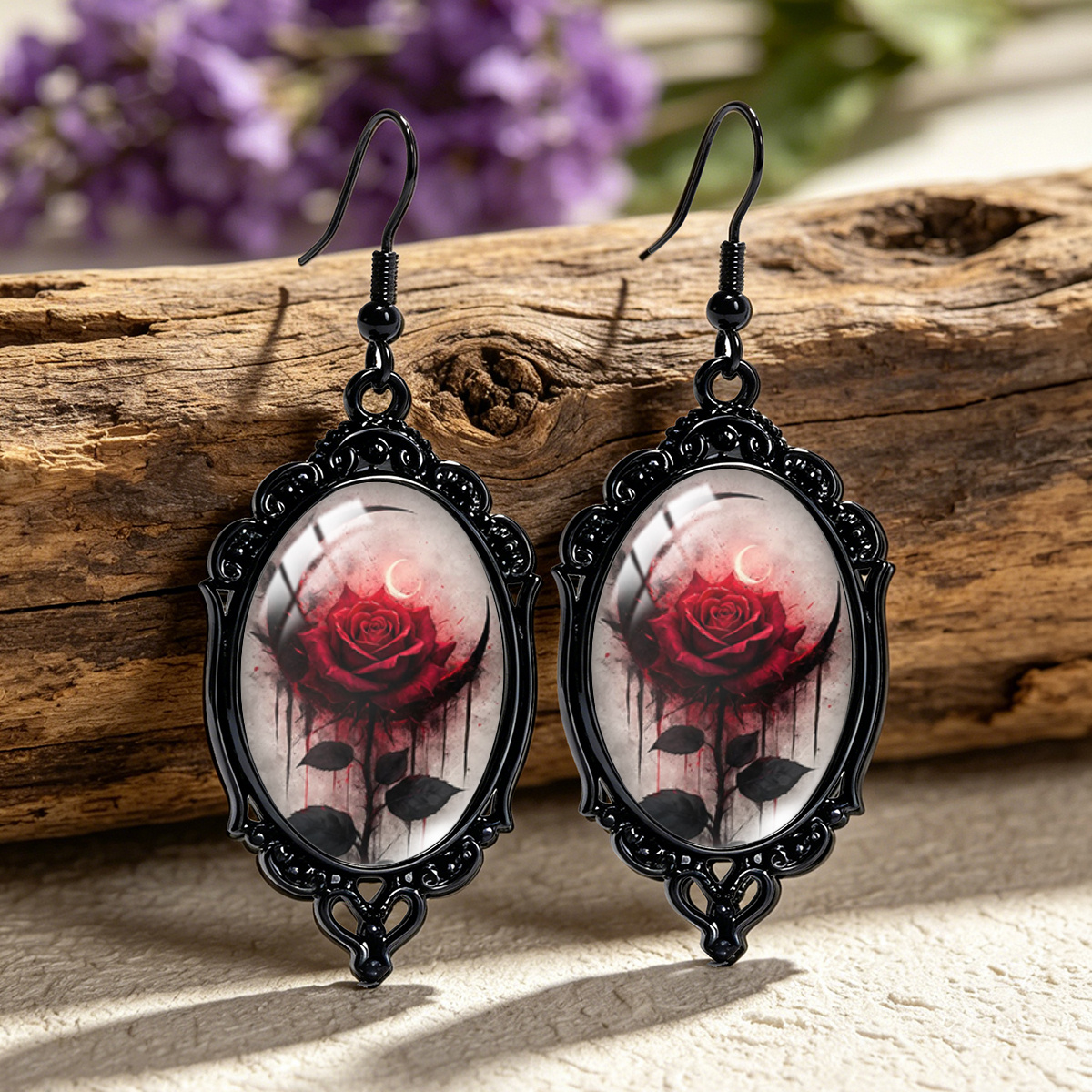 TEMU 1 Pair Gothic Red Rose With Crescent Oval Glass Black Lace Earrings Fashionable Men's Additions Gift, Without Battery