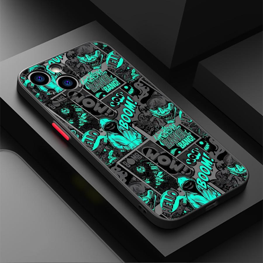 TEMU Phone Case: Black Green Graffiti Comic Matte Frosted Phone Case For Iphone 16 15 Pro Max 14 Plus 13 12 11 11pro 12pro 13pro 14pro 15pro 16pro