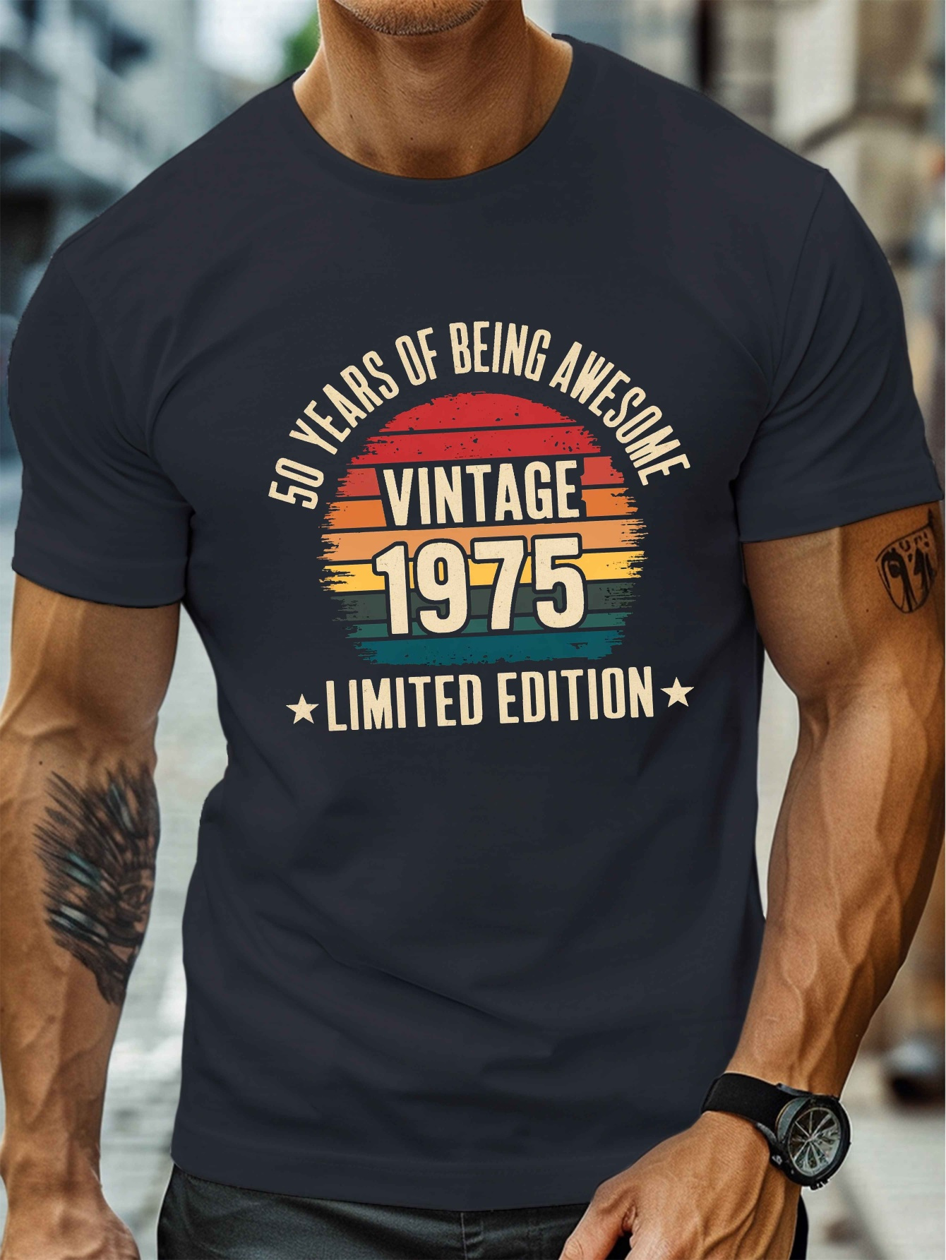 mens 50 years of being awesome graphic tee royal   neck short sleeve t shirt lightweight summer casual top with vintage 1975 design comfortable polyester blend for casual attire summer casual wear vintage graphic tee smooth fabric shirt