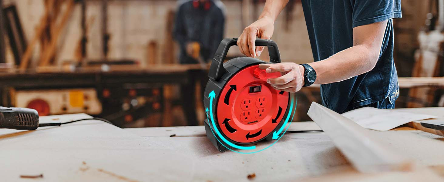 30-Foot 13A/125V Extension Cord Reel Featuring a 16/3C SJTW Black Cable, Equipped with 4 Outlets, a Circuit Breaker, a Power Switch, And an LED Indicator, Along with a Retractable Power Wheel