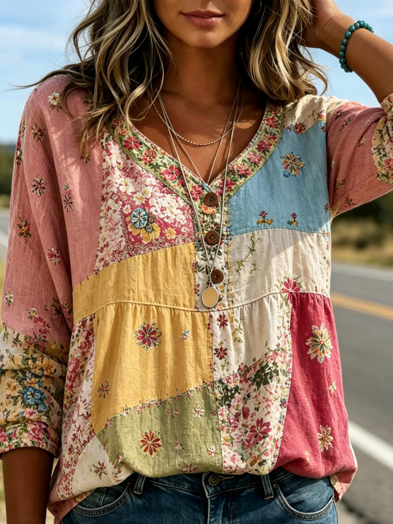 vintage color block   floral print shirt womens v neck three button front 3 4 sleeve babydoll blouse