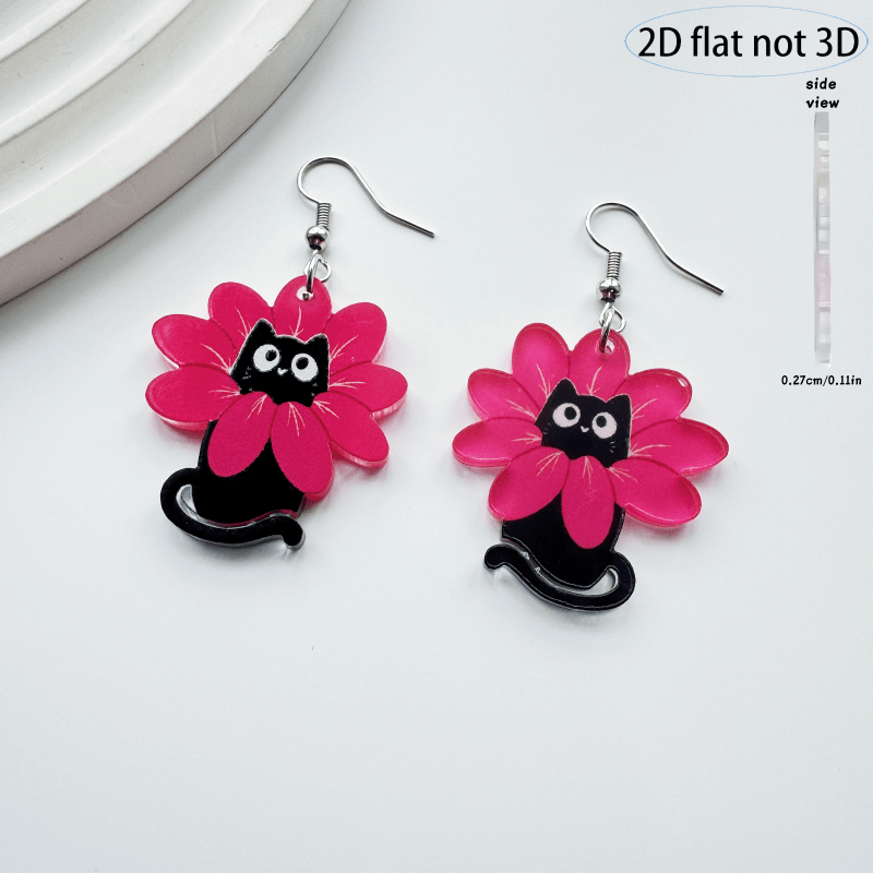 E-shop 2D Flach, 1 Paar Damen Y2K Retro Katzenohr-Ohrringe – Süße schwarze Katze & magentafarbene Blume als Ohrhänger aus Acryl, geeignet für Partys, ,