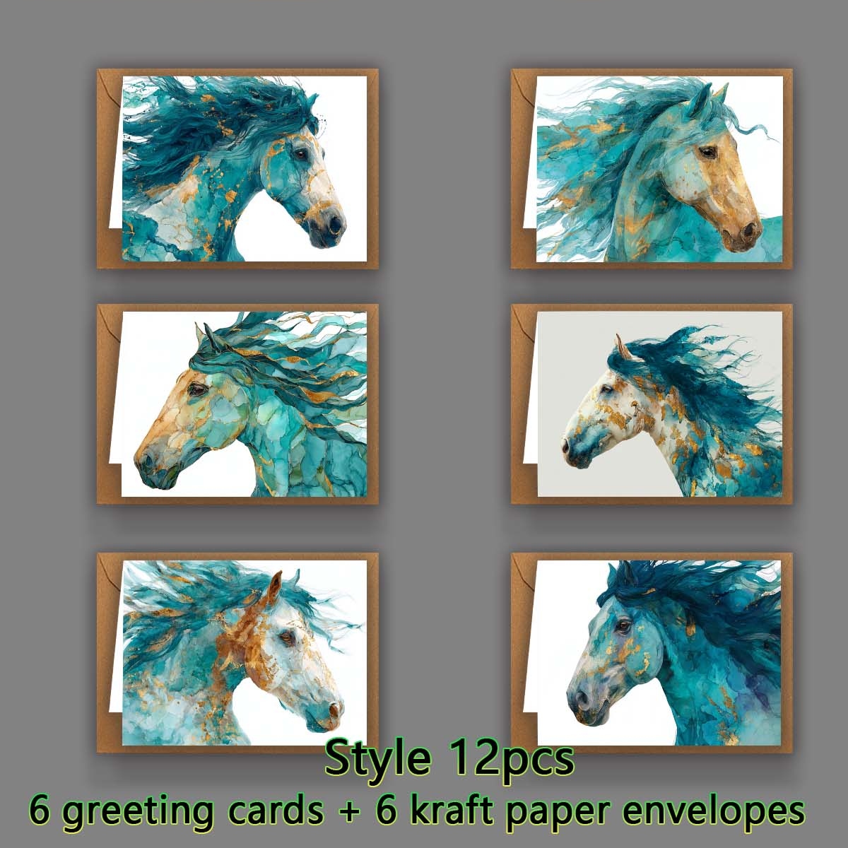 TEMU 1 Set/12pcs/24pcs/48pcs Exquisite Greeting Cards In Blue, Featuring Horses, Abstract, Dynamic, And Vibrant Designs. Includes Envelope And Folded