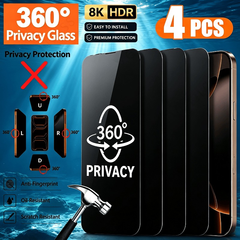 TEMU 4-pack 360° Four-sided Privacy Screen Protector Tempered Glass, Suitable For Iphone 18 Pro Max/18 Pro/18/17 Pro Max/16 Pro/15 Pro/14/13 Series.