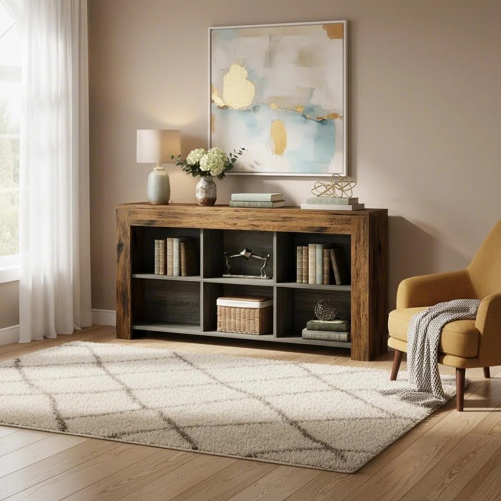 1pc 63-inch Farmhouse Narrow Console Table With 6 Storage Cubasuitable For Entryway & Living Room - Rustic Brown Wood & Frame, Assemblable Sofa Table, Tv Stand, Bookshelf With 6-cube Storage Unit