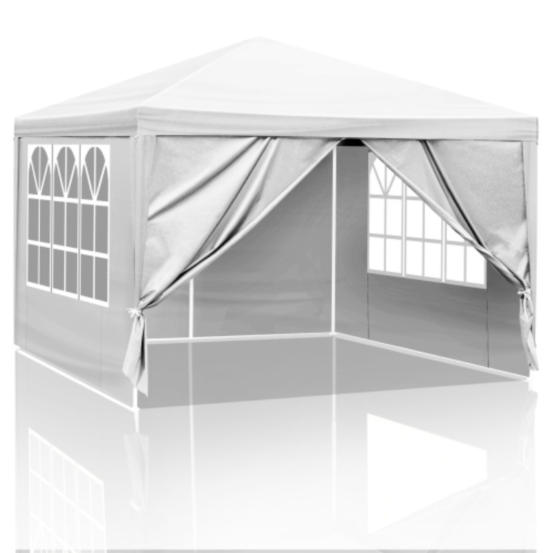 10x10ft White Foldable Party Canopy, 4 With 2 Doors & 2 Windows, Pe Fabric, Powder-coated
