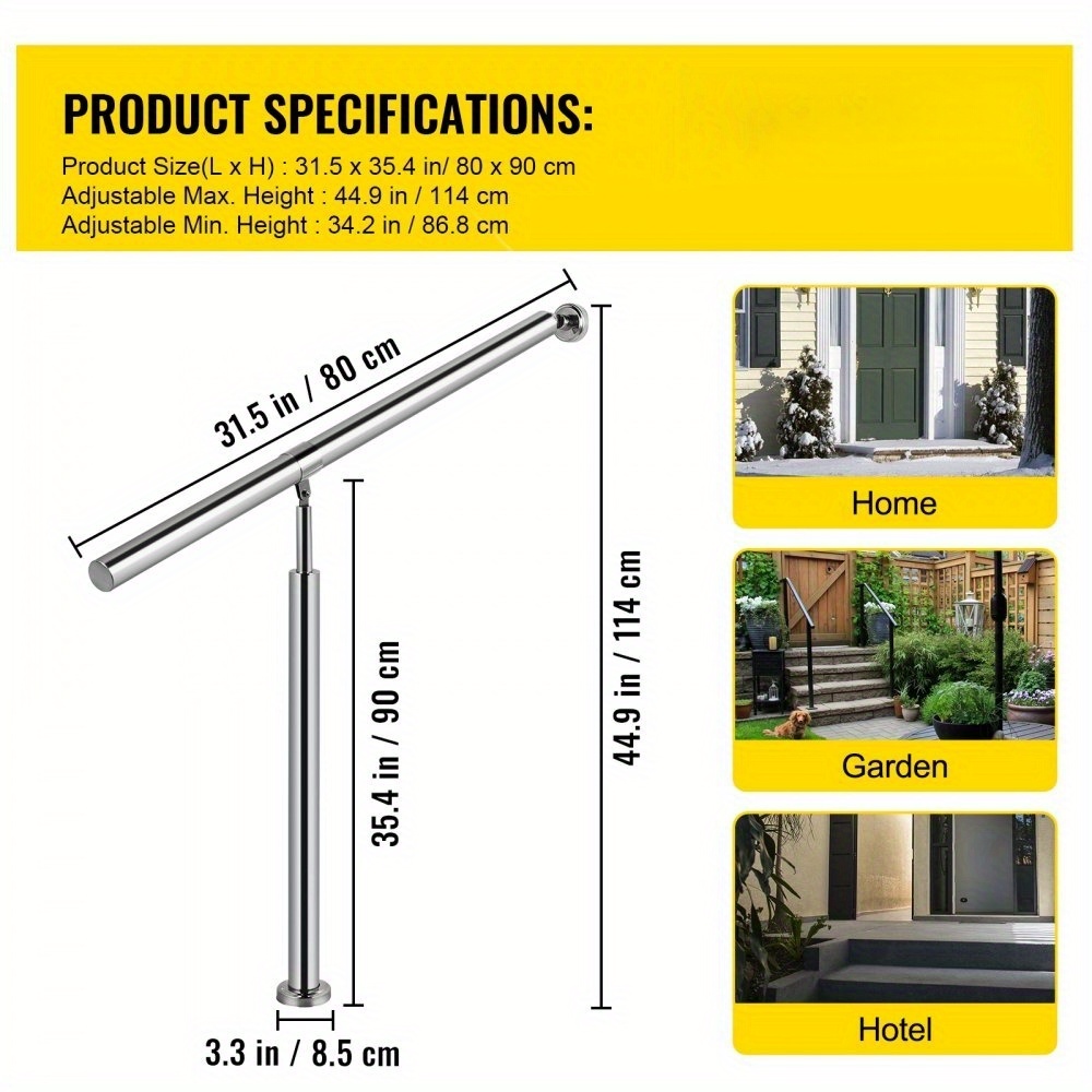 [Adjustable Steel Handrail] Stainless Steel Adjustable Handrail for 1-2 Steps | 304 Steel Anti-Slip Safety Railing with Tool-Free Installation, Non-Slip Grip for Elderly, Indoor/Outdoor Use on Porch, Bathroom, Stairs (31.5x35.4 Inch)