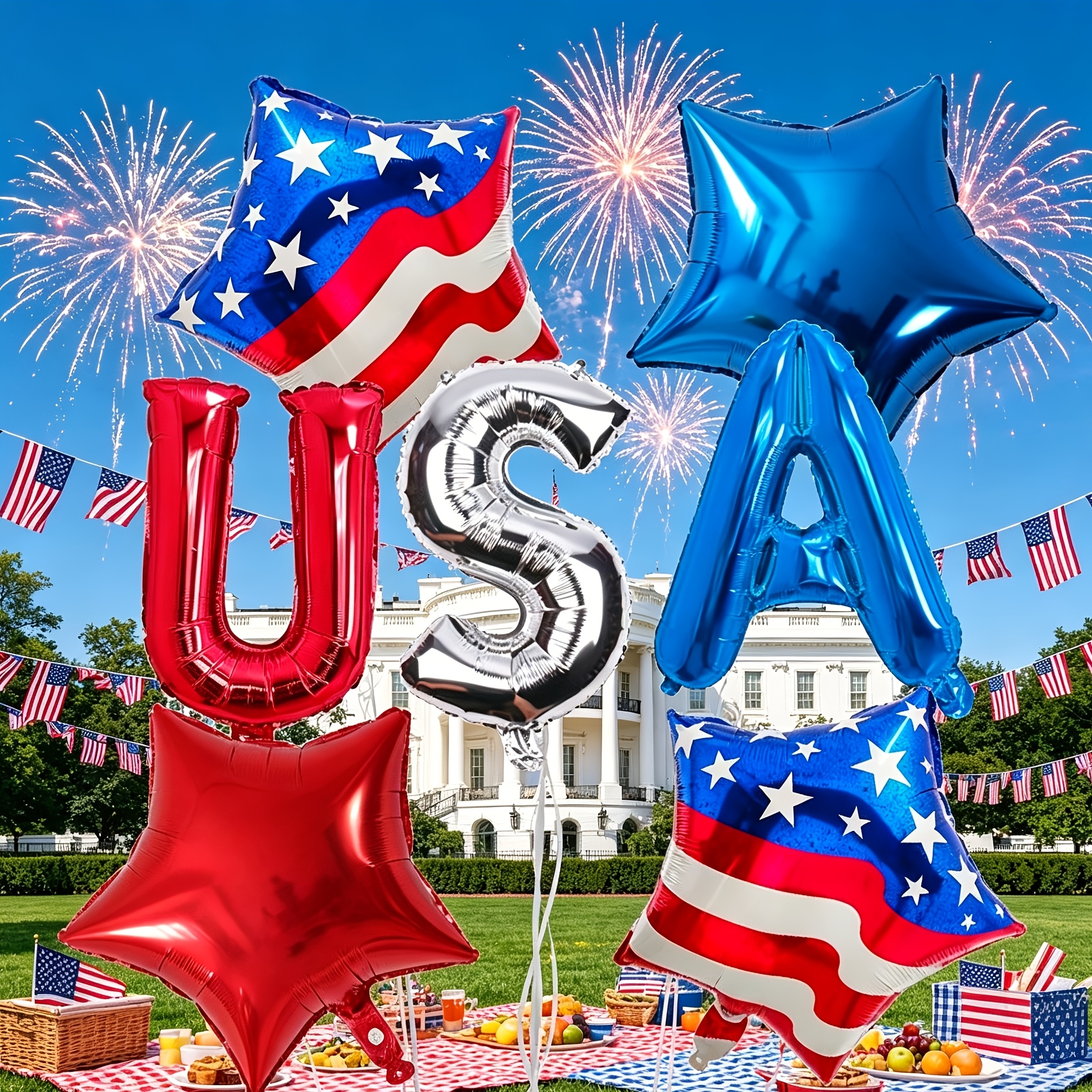 Image of 7pcs Of Foil Balloons, Suitable For American Day Theme Parties, Including 250th Anniversary Celebration Decorations, Photo Props, Backdrop Decorations, Party Decoration Balloons